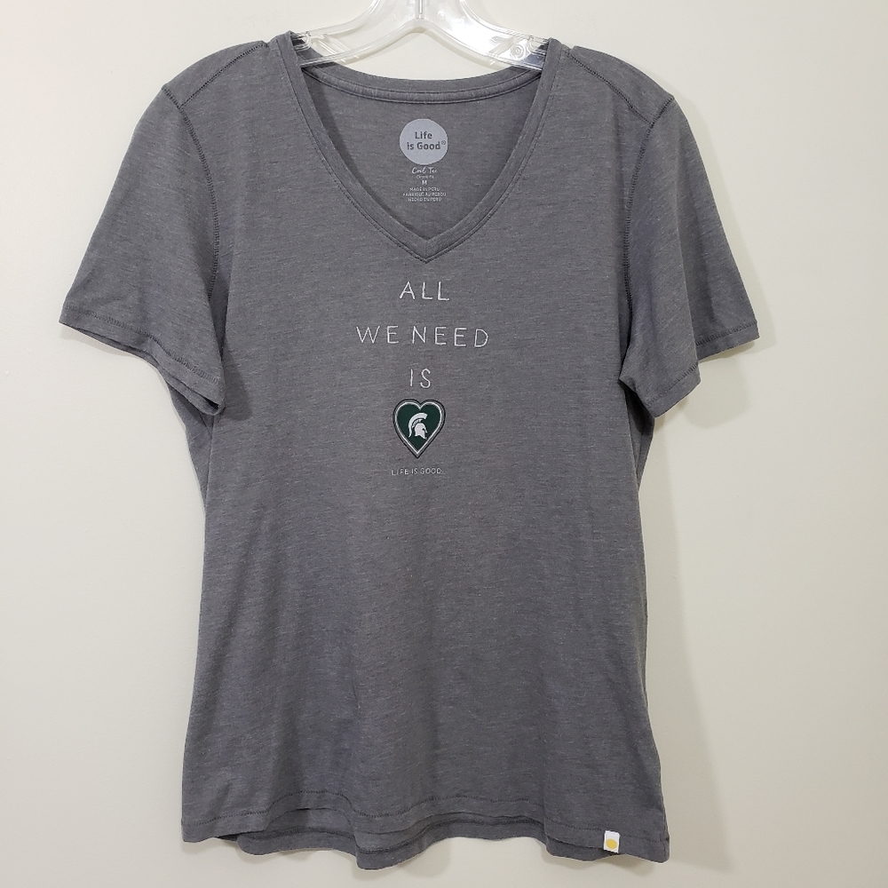 Life is good Michigan State Spartans v-neck‎ graphic t-shirt woman's size medium